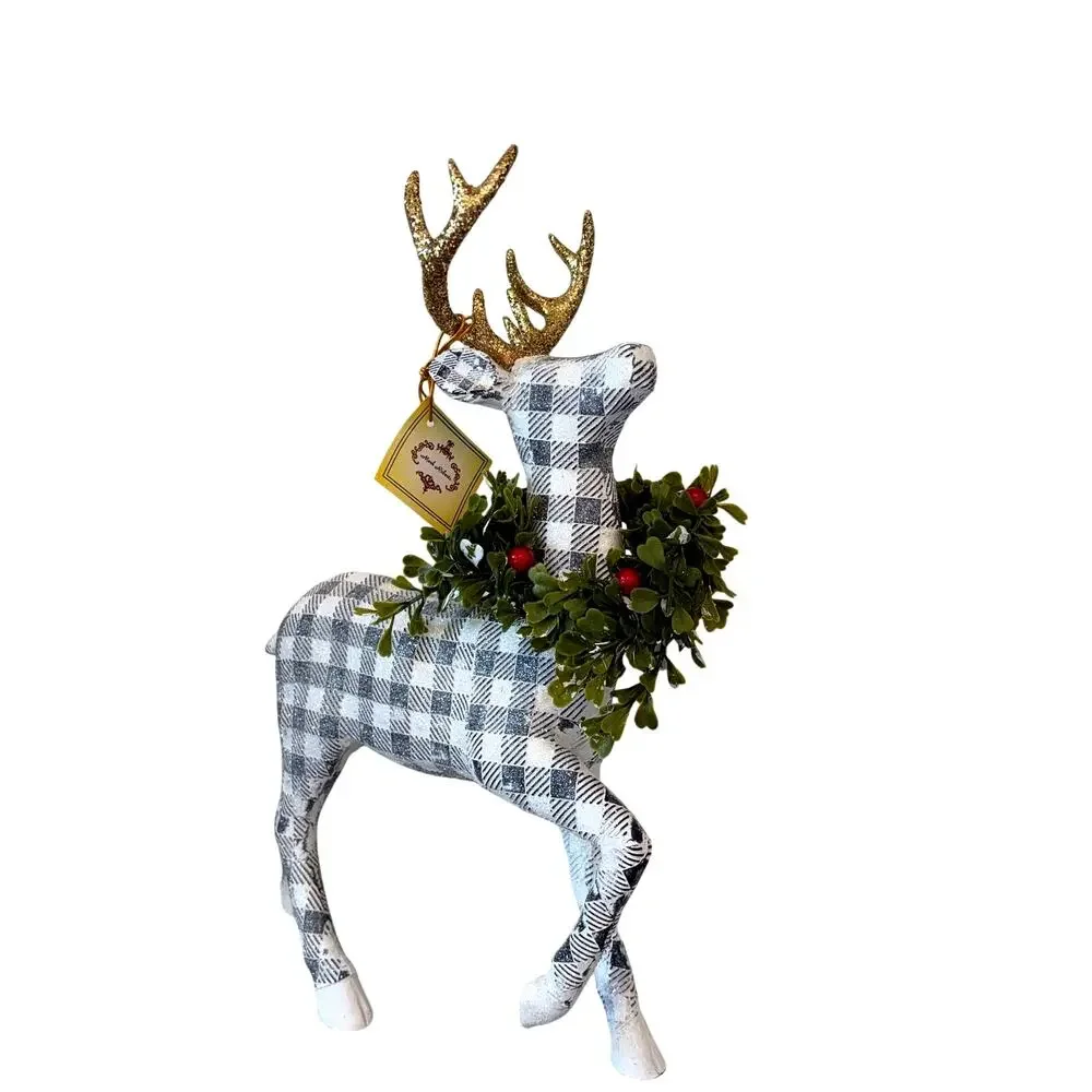 Mark Roberts Plaid Christmas Reindeer Gold Antlers 3pc 13in Holiday Decor NEW